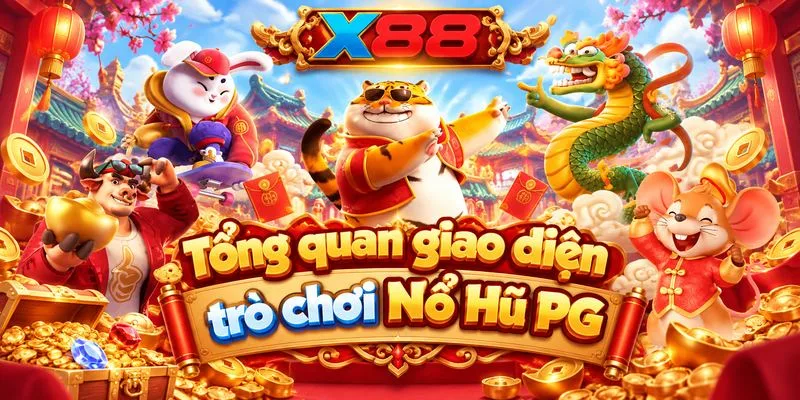 Tổng quan giao diện trò chơi Nổ Hũ PG với các biểu tượng đặc trưng và hiệu ứng quay thưởng.